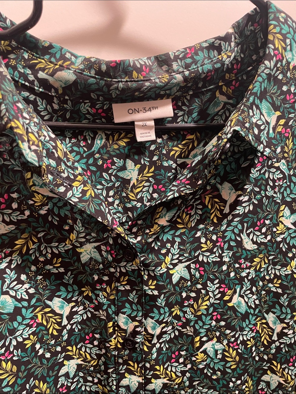 Black Floral Button-Down Shirt with Teal & Yellow Accents